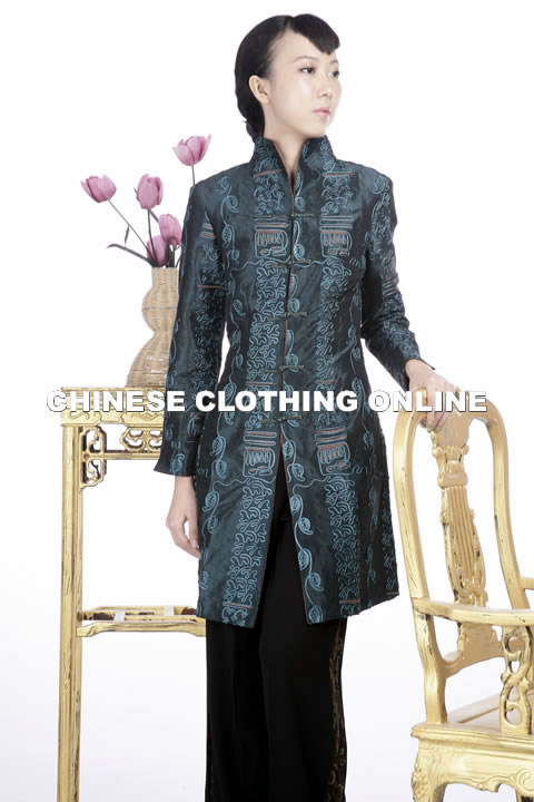 Embossed Embroidery Mandarin Coat (Green)