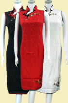 Sleeveless Embroidery Midi Jacquard Cheongsam Dress