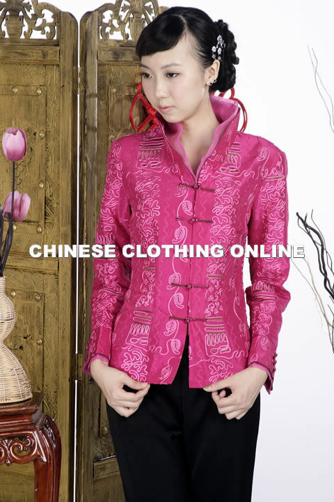 Embossed Embroidery Mandarin Jacket (Fuchsia)