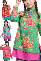 Ethnic Long-sleeve Floral Printing Daul-layer Blouse Ethnic Long-sleeve Floral Printing Daul-layer Blouse