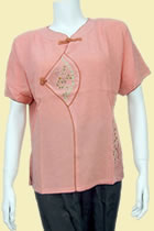 Bargain - Short-sleeve Plum Blossom Mandarin Blouse (Lt. Salmon, L)