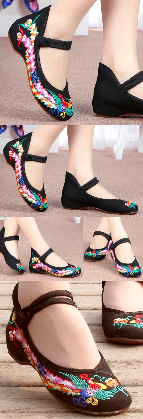 Low-Heel Phoenix Embroidery Shoes (Black)