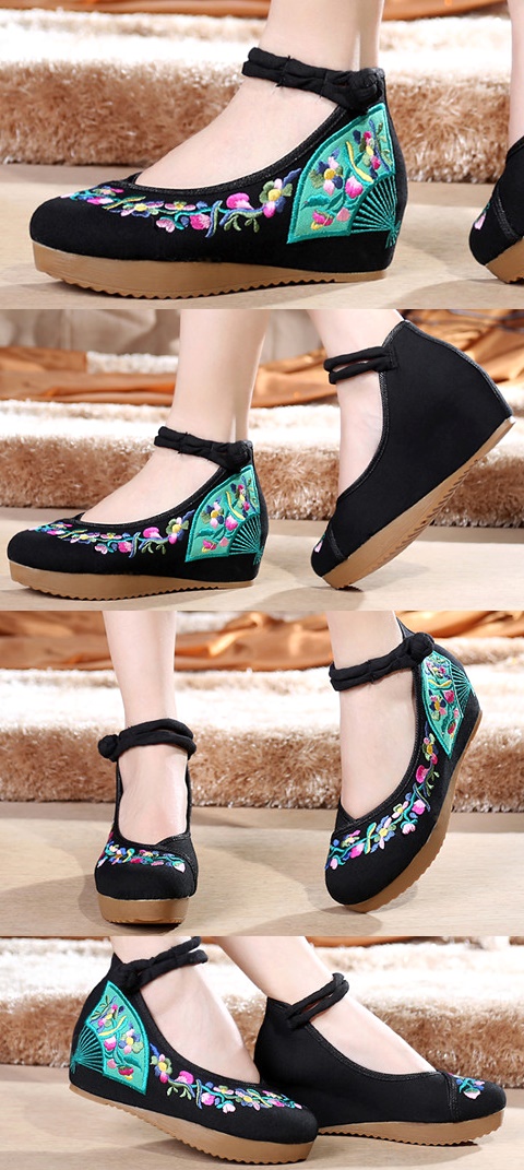 Mid Heel Fan Embroidery Shoes (Black)