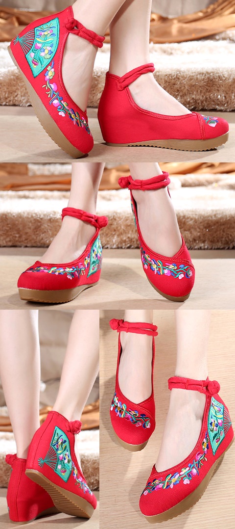 Mid Heel Fan Embroidery Shoes (Red)