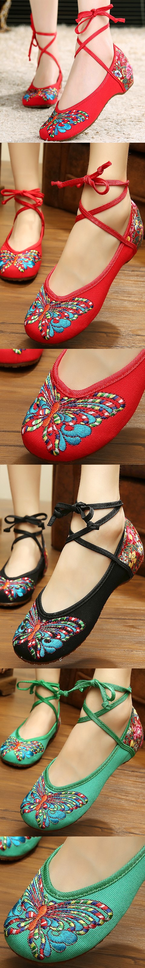 Low-Heel Butterfly Embroidery Shoes (Multi-color)