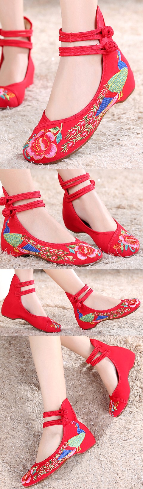 Mid Heel Peacock Embroidery Shoes (Red)