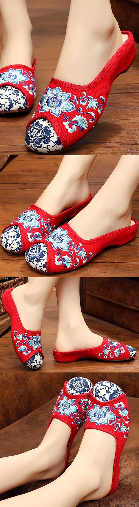 Flower Embroidery Slippers (Red)