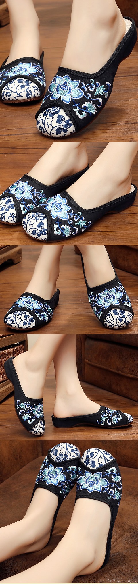 Flower Embroidery Slippers (Black)