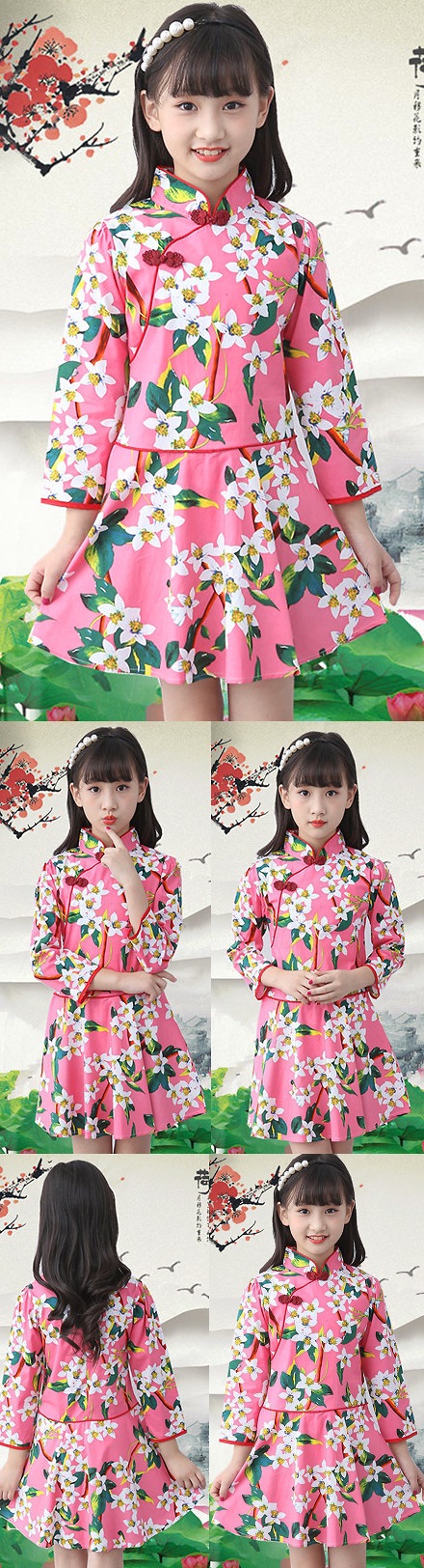 Girl's Long-sleeve Floral Cheongsam Dress (RM)