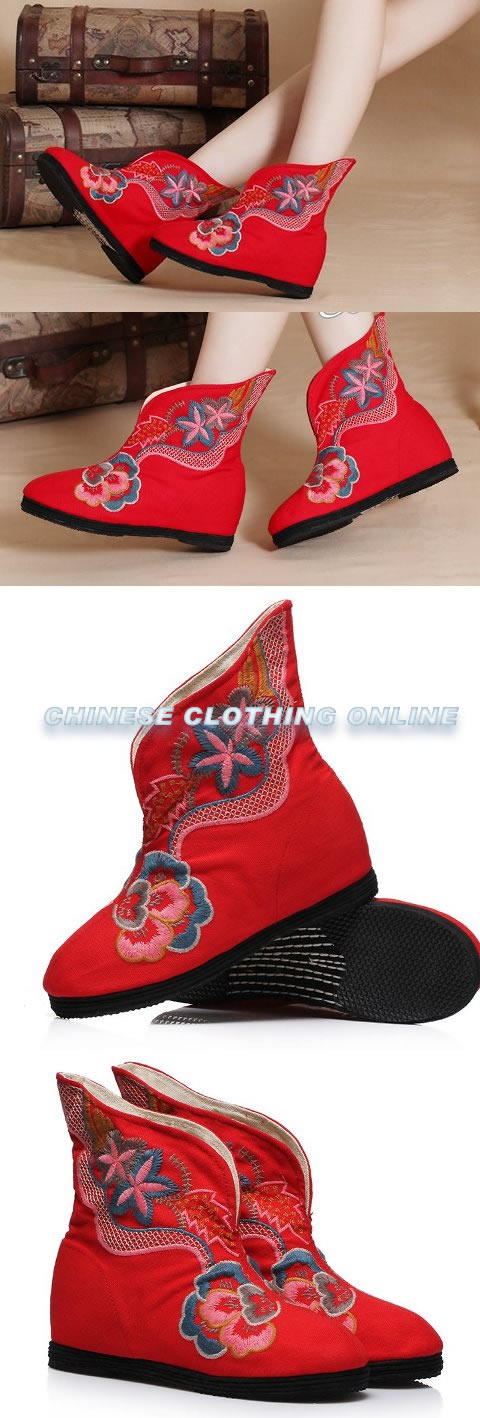 Low Heel Floral Embroidery Mid Height Boots (Red)