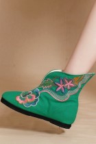 低跟綢緞繡花靴（綠色）