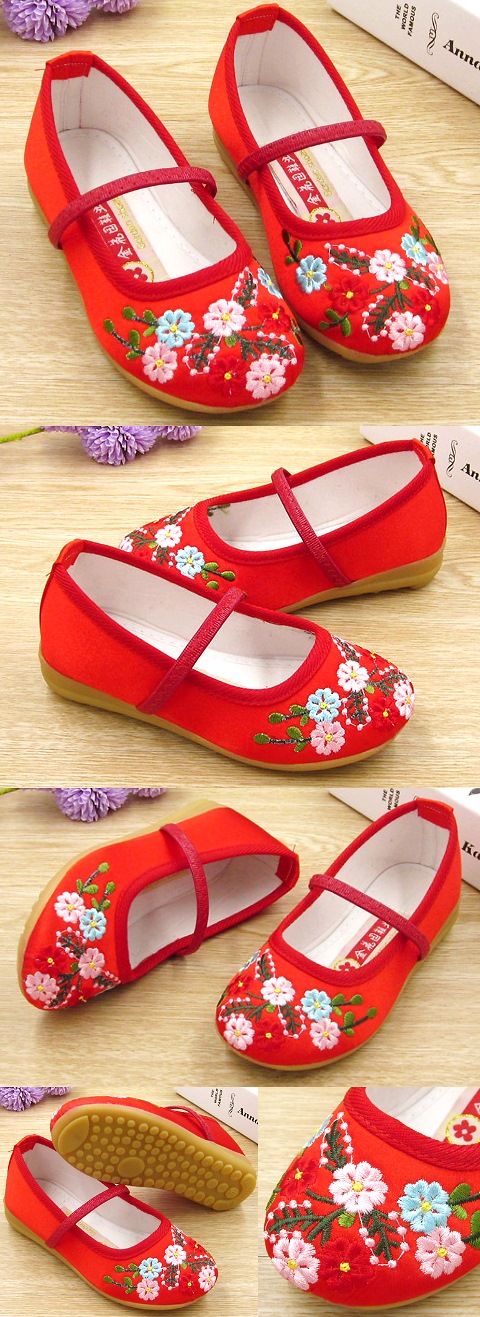 Girl's Flower Embroidery Shoes (Red)