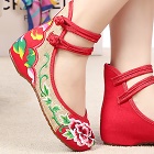 Mid Heel Flower Embroidery Shoes (Red)