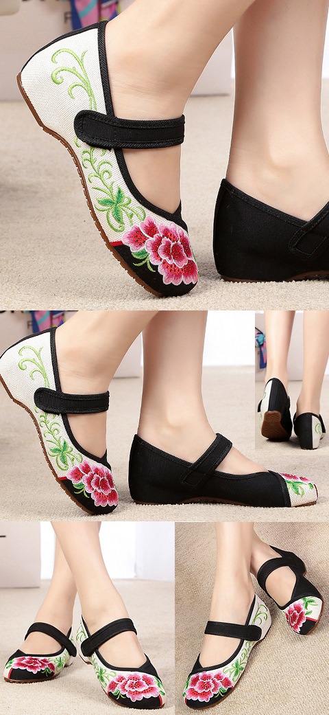 Mid Heel Flower Embroidery Shoes (Black)