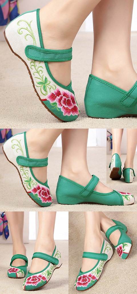 Mid Heel Flower Embroidery Shoes (Green)