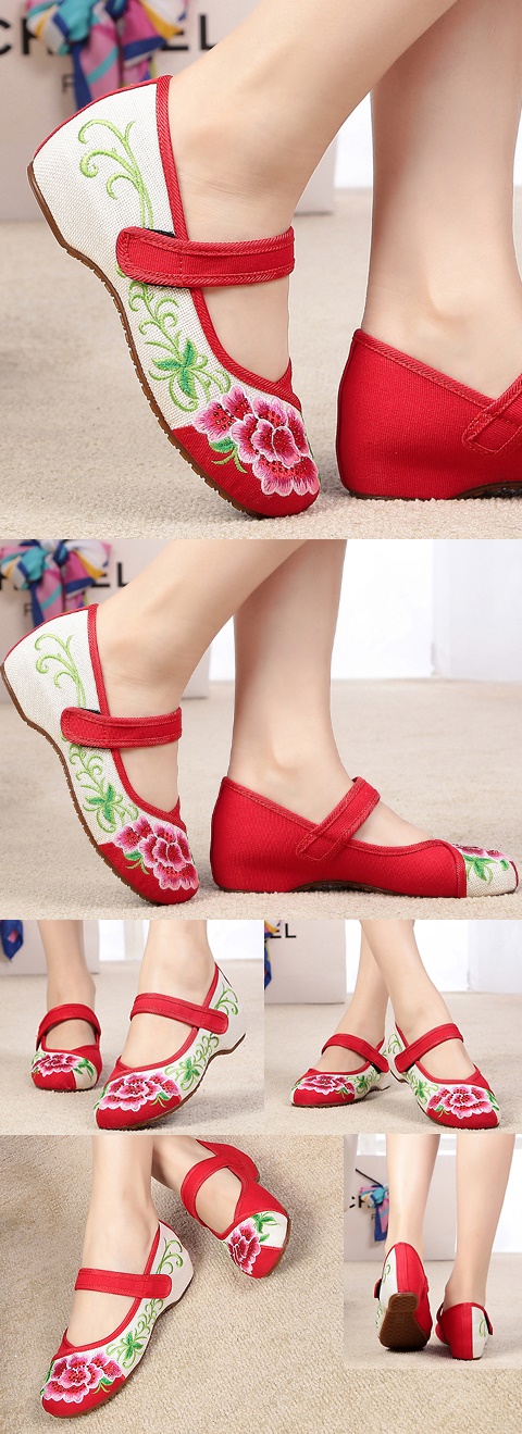 Mid Heel Flower Embroidery Shoes (Red)