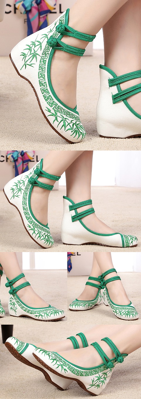 Mid Heel Bamboo Embroidery Shoes (Green)