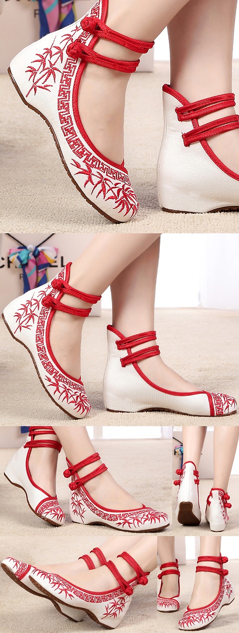 Mid Heel Bamboo Embroidery Shoes (Red)