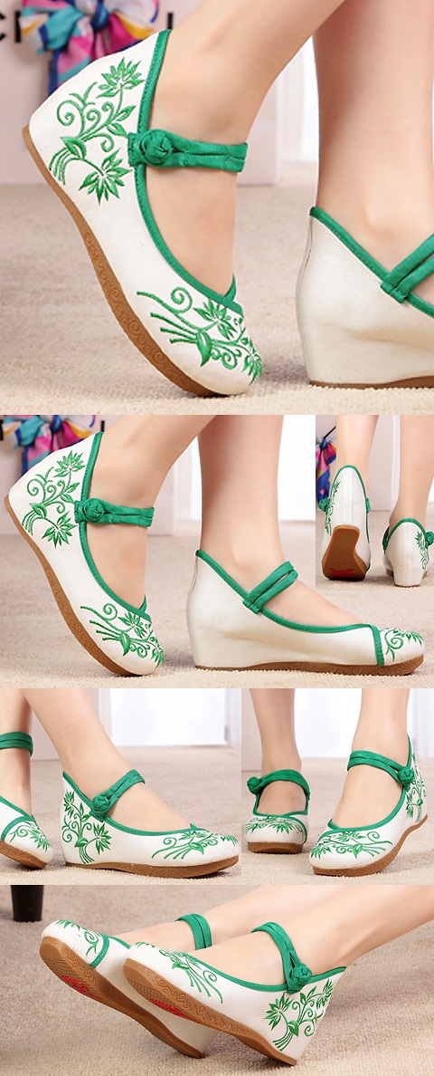 Mid Heel Flower Embroidery Shoes (Green)