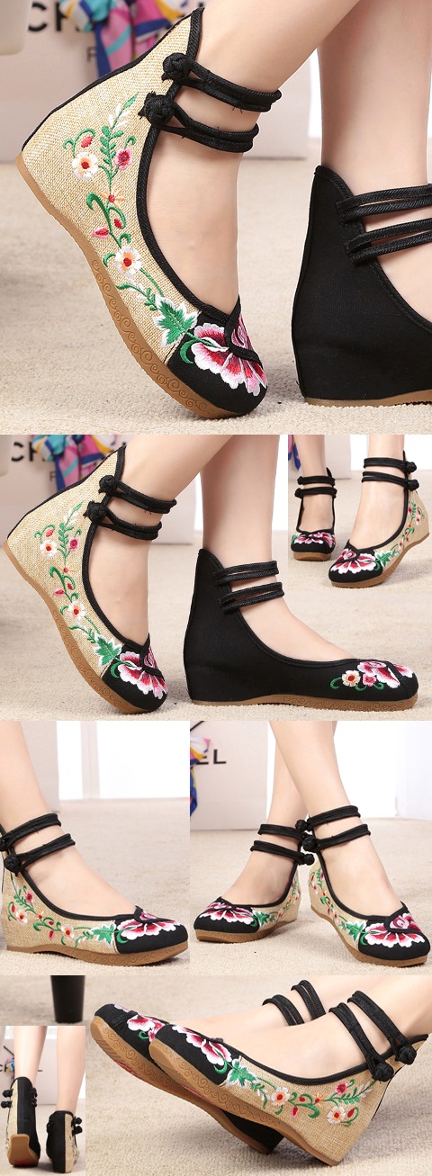 Mid Heel Flower Embroidery Shoes (Black)