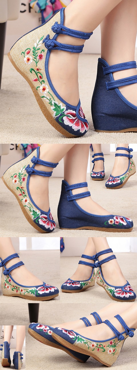 Mid Heel Flower Embroidery Shoes (Blue)