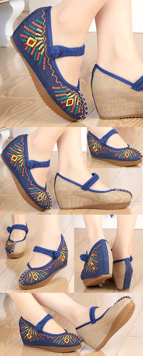 Mid Heel Abstract-pattern Embroidery Shoes (Blue)