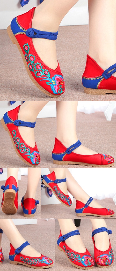 Low Heel Flower Embroidery Shoes (Red)