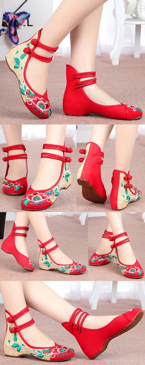 Mid Heel Flower Embroidery Shoes (Red)