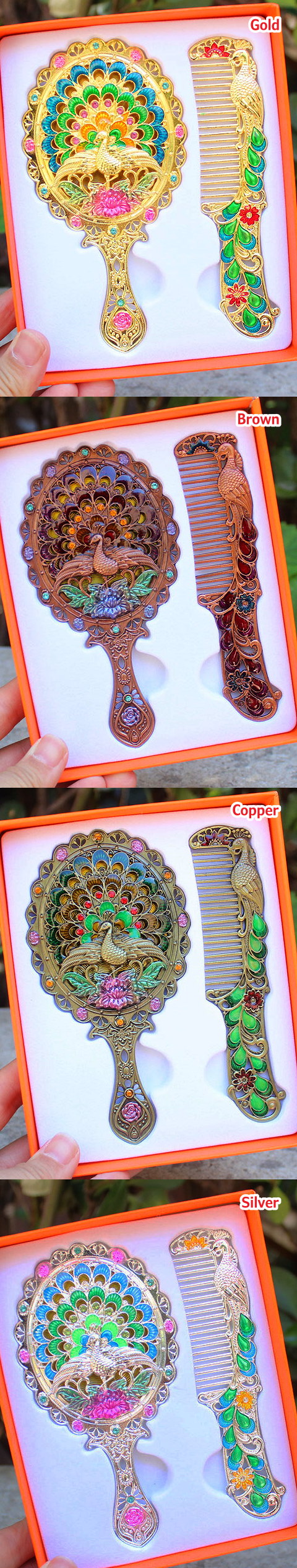 Archaic Style Peacock Mirror and Comb Set
