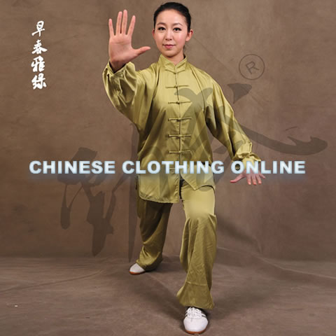 Professional Taichi Kungfu Uniform with Pants - Silk Fibroin Satin - Olive (RM)