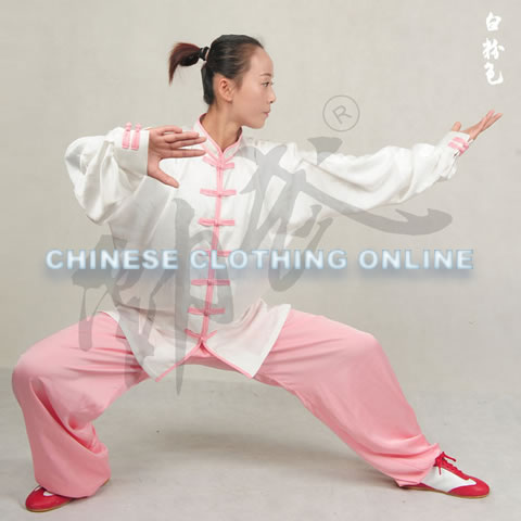 Professional Taichi Kungfu Uniform with Pants - Silk Fibroin Satin - White/Pink (RM)