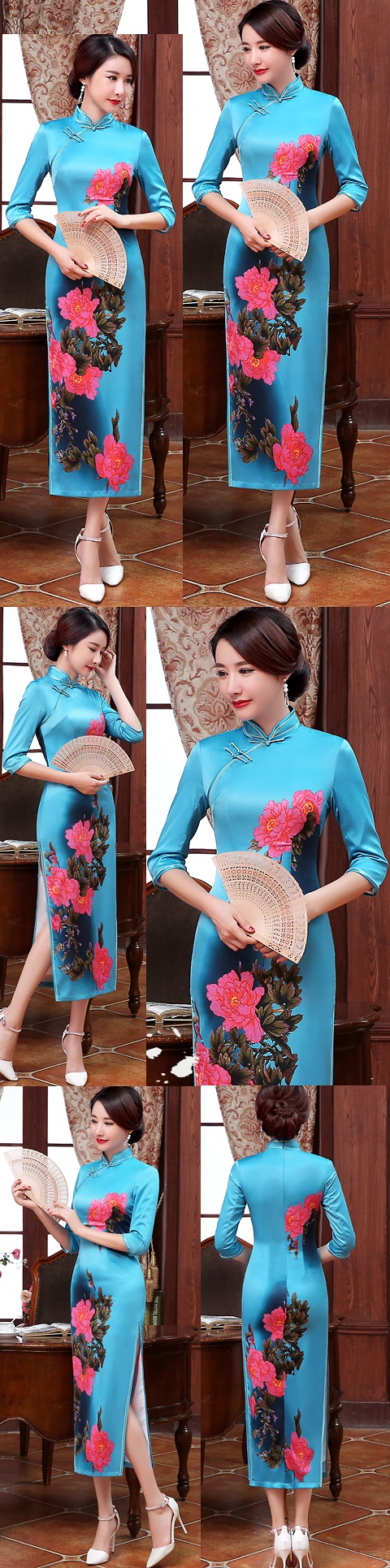 Elbow-sleeve Silk Printing Cheongsam (RM)