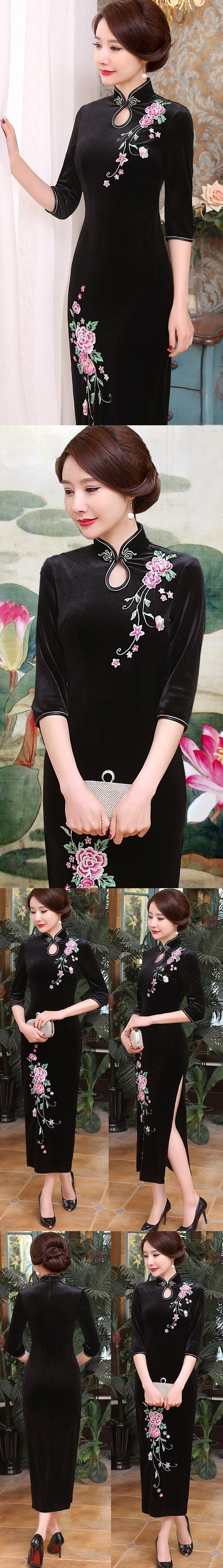 Elbow-sleeve Embroidery Velvet Cheongsam (RM)