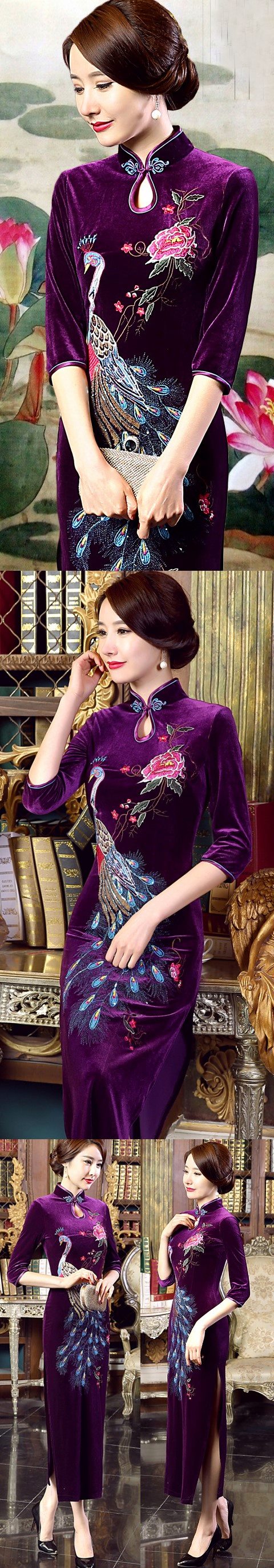 Elbow-sleeve Embroidery Velvet Cheongsam (RM)