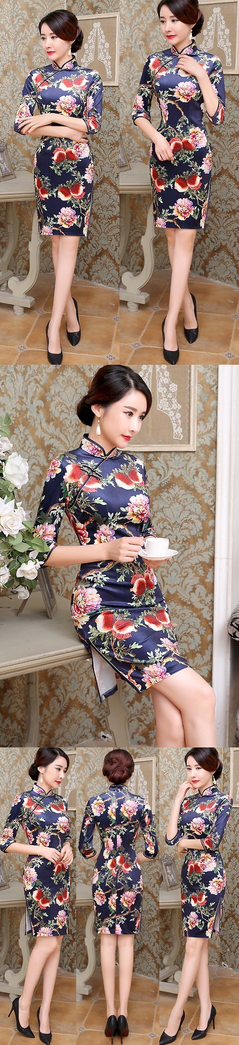 3/4-sleeve Short-length Silk Printing Cheongsam (RM)