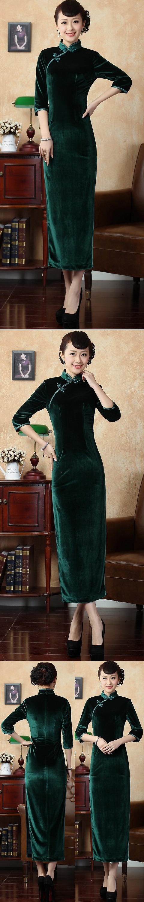 Elbow-sleeve Long-length Velvet Cheongsam (RM)