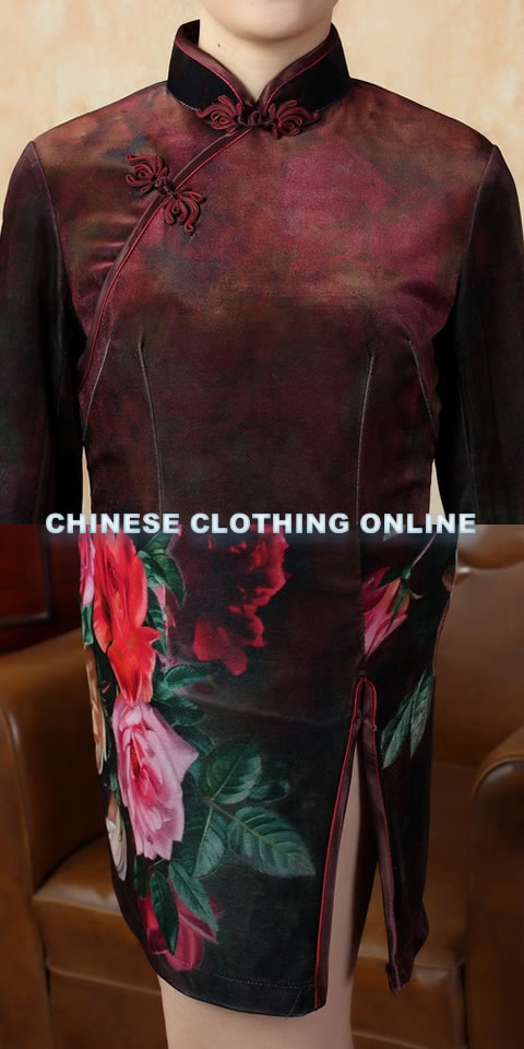 Elbow-sleeve Short-length Spray Painting Velvet Cheongsam (RM)