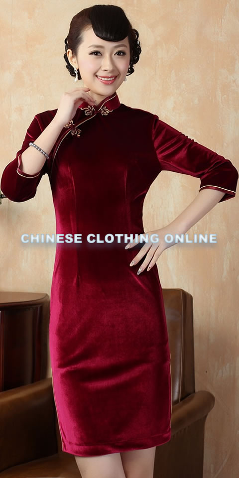 Elbow-sleeve Short-length Velvet Cheongsam (RM)