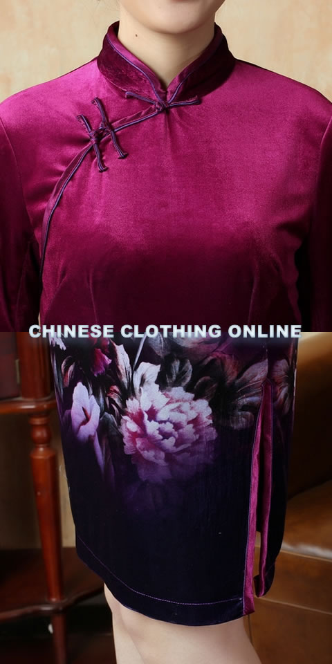 Elbow-sleeve Short-length Spray Painting Velvet Cheongsam (RM)