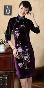 Elbow-sleeve Short-length Embroidery Velvet Cheongsam (RM)