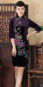 Elbow-sleeve Short-length Spray Painting Velvet Cheongsam (RM)