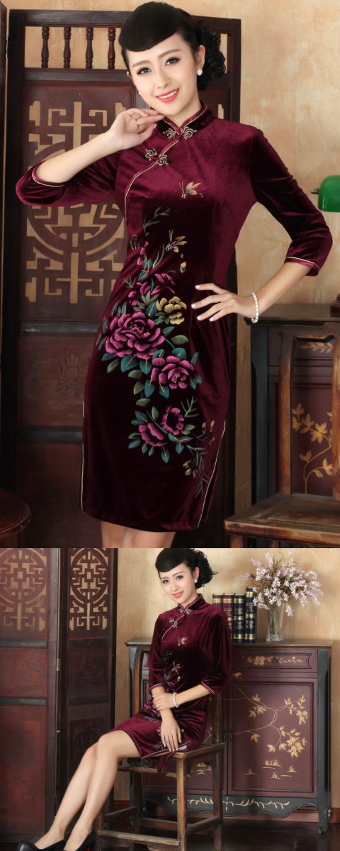 Elbow-sleeve Short-length Spray Painting Velvet Cheongsam (RM)