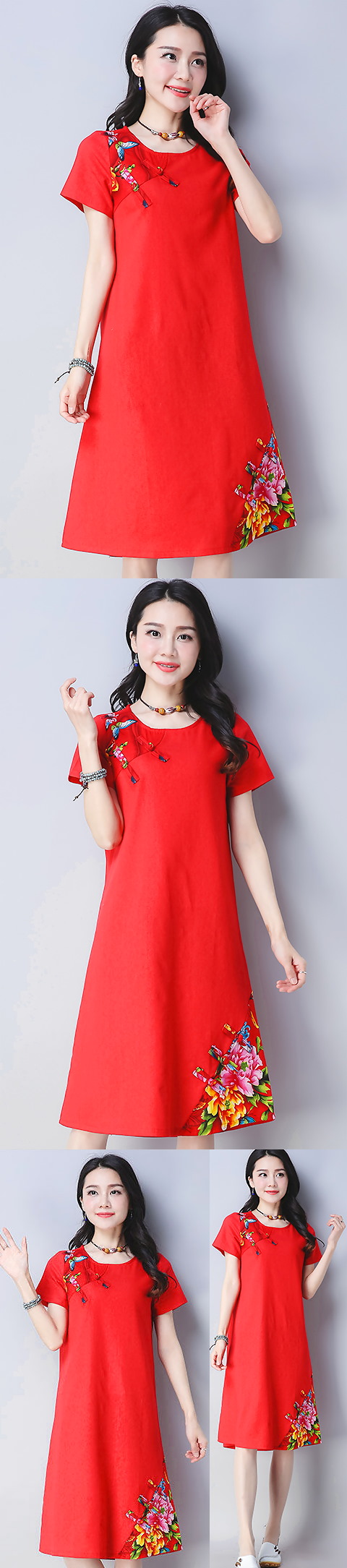 民族風情拼布連衣裙-紅色 (成衣)