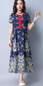 Ethnic Long-length Dragon-printing Dress-Navy Blue (RM)