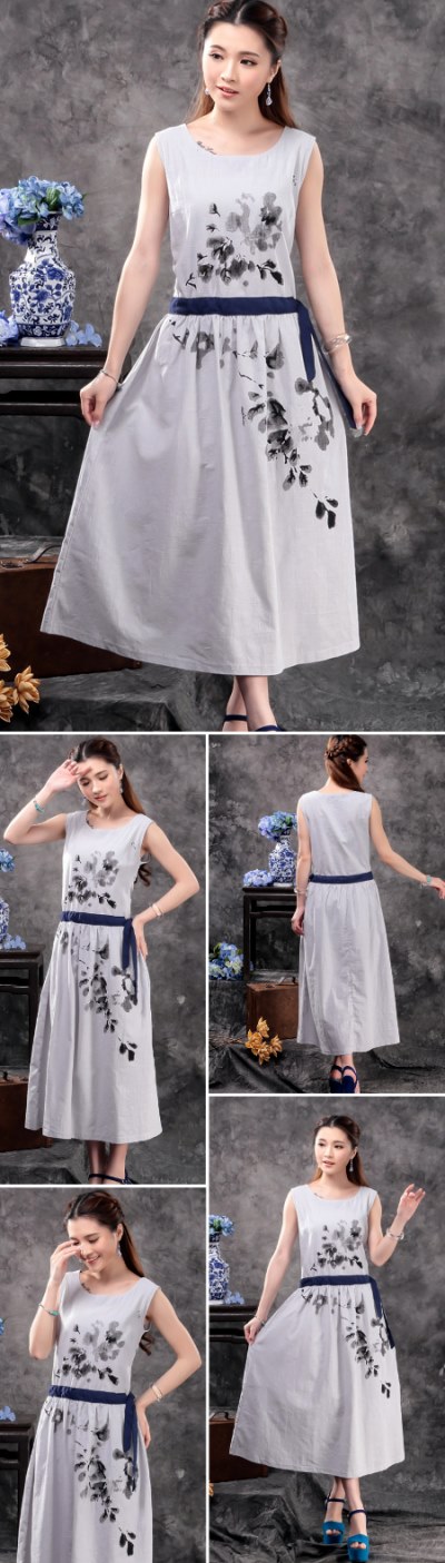 Ethnic Hand-painting Sleeveless Linen Dress (RM)