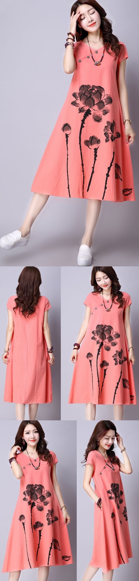 Ethnic Hand-painting Short-sleeve Linen Dress (RM)