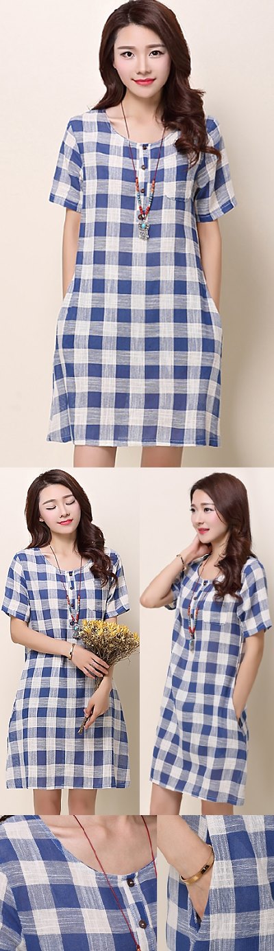 Ethnic Short-sleeve Yarn-dyed Checker Dress - White (RM)