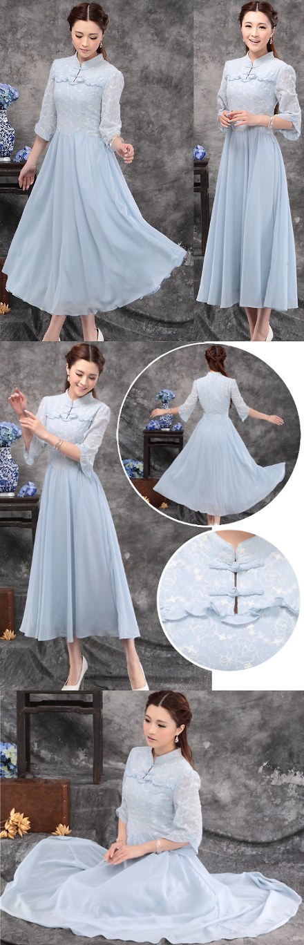 Ethnic 3/4-sleeve Embroidery-gauze Dress -  Light Blue (RM)