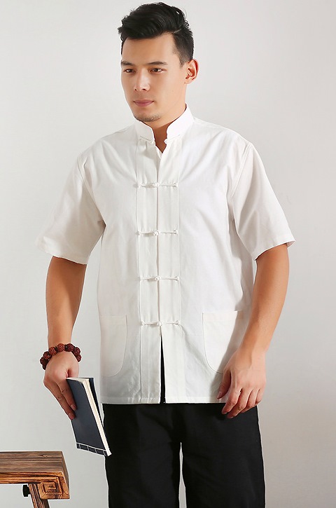 Mandarin Short-sleeve Plain Cotton Shirt (RM)