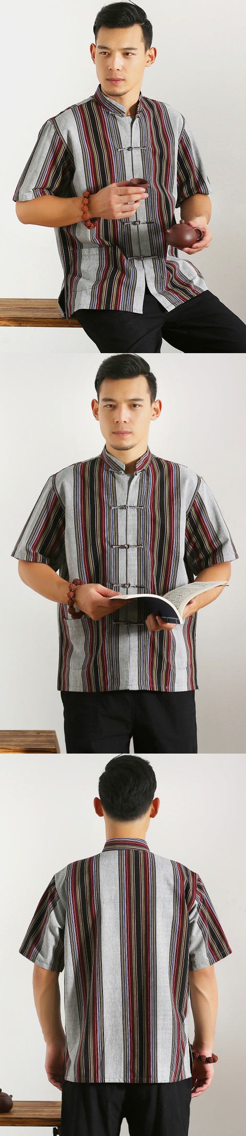 Mandarin Short-sleeve Stripe Cotton Shirt (RM)